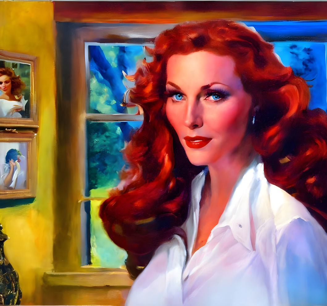 Woman with Red Hair and Blue Eyes in White Shirt Surrounded by Colorful Frames