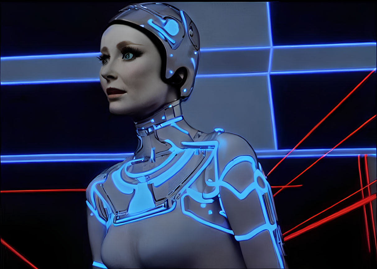 Realistic female humanoid robot with neon-lit mechanical body