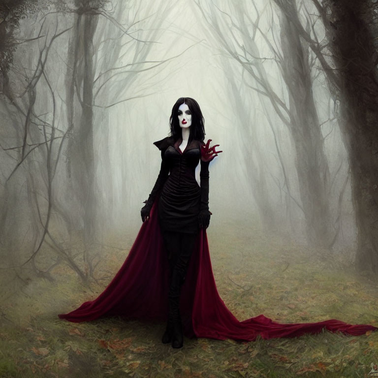 Gothic vampire in red cloak among foggy trees