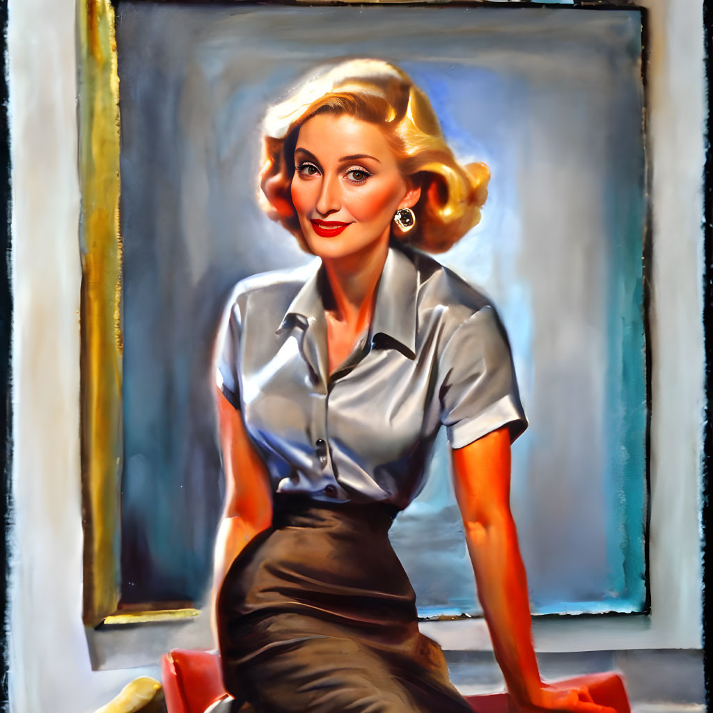 Colorful portrait of woman with blonde hair in gray shirt and dark skirt, sitting in window frame.