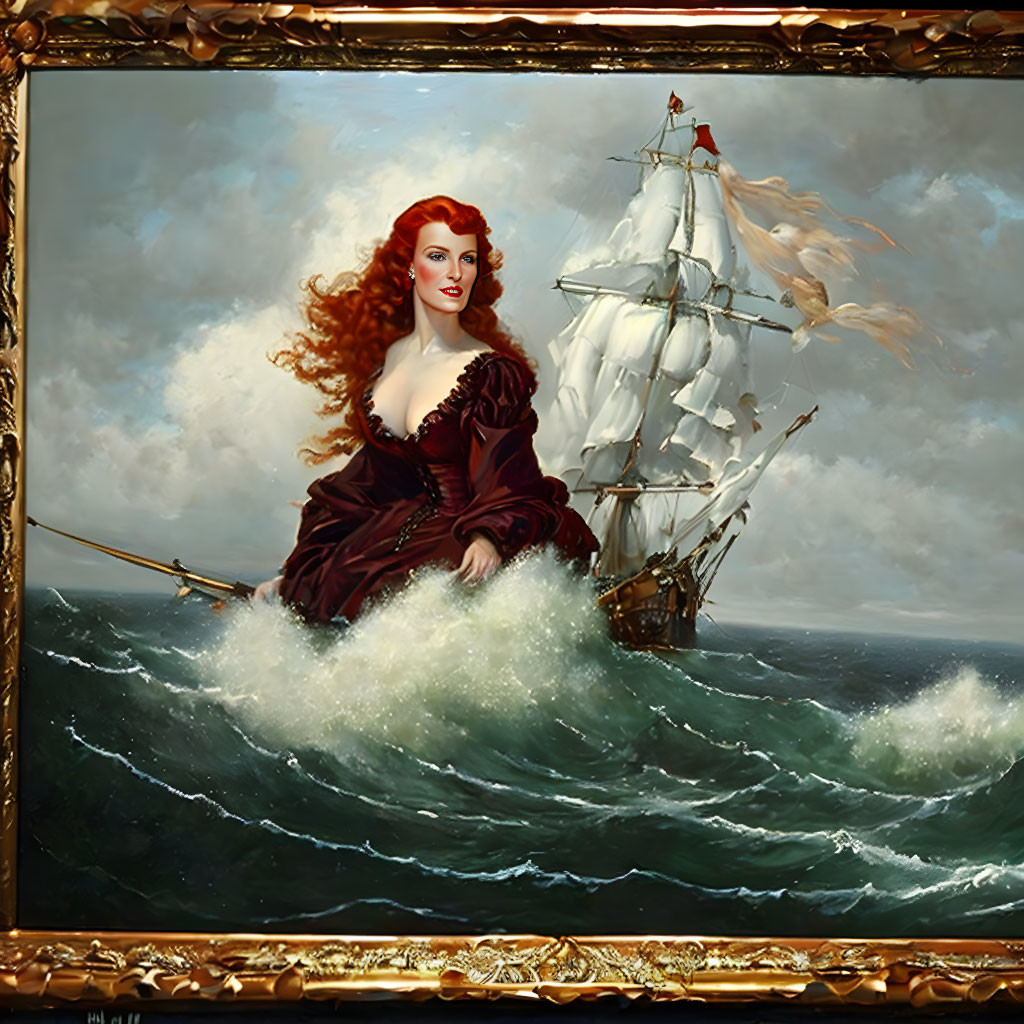 Red-haired woman in burgundy dress merges with sea in ship-themed painting