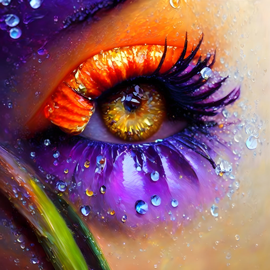 Vibrant orange and purple eye makeup with water droplets close-up.