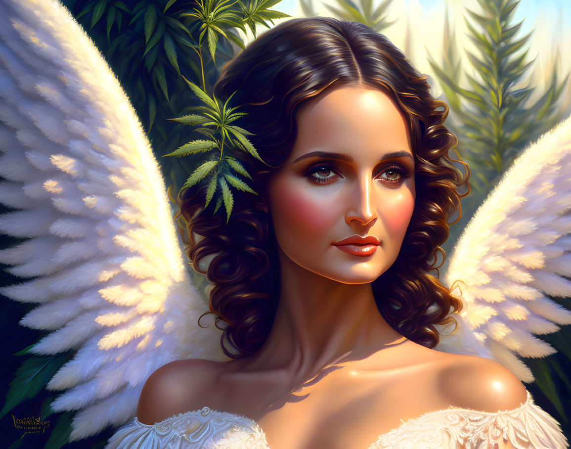 Illustration of Woman with Angel Wings in Green Foliage