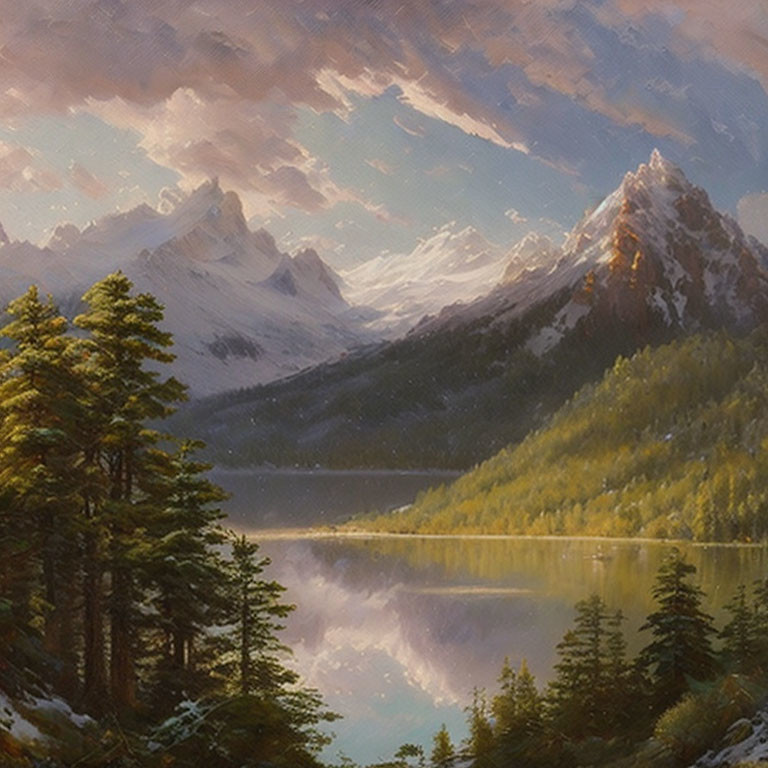 Tranquil landscape painting of snow-capped mountains and pine trees