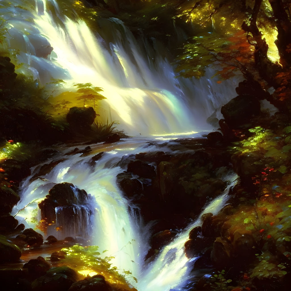 Lush vegetation and rocks frame cascading waterfall in sunlight