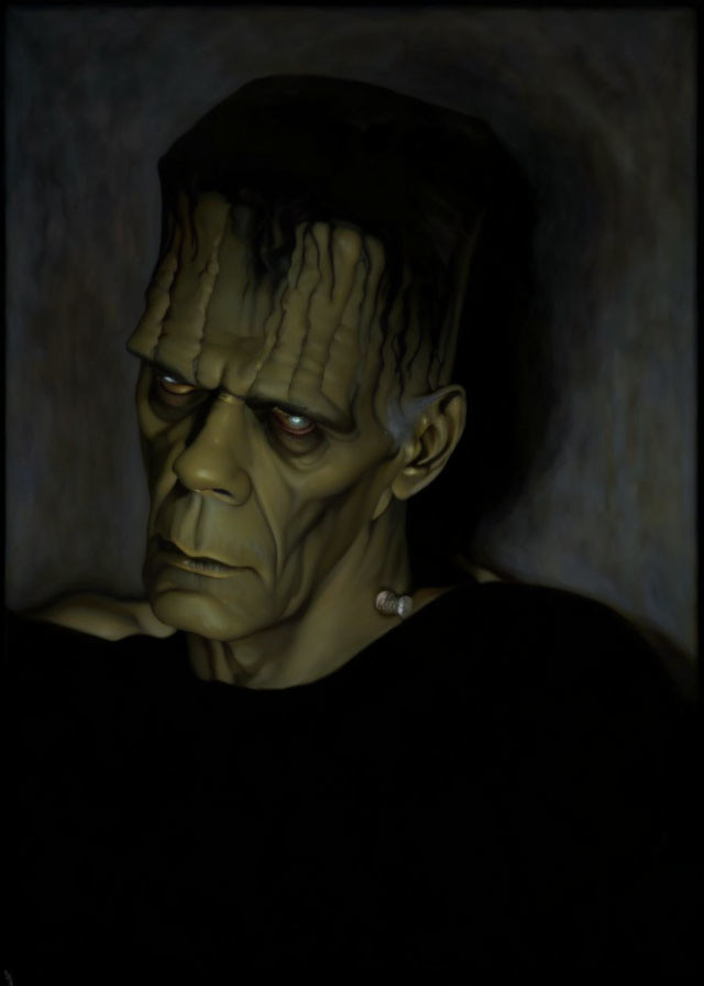 Portrait of Frankenstein's monster: deep-set eyes, scars, greenish skin, dark background