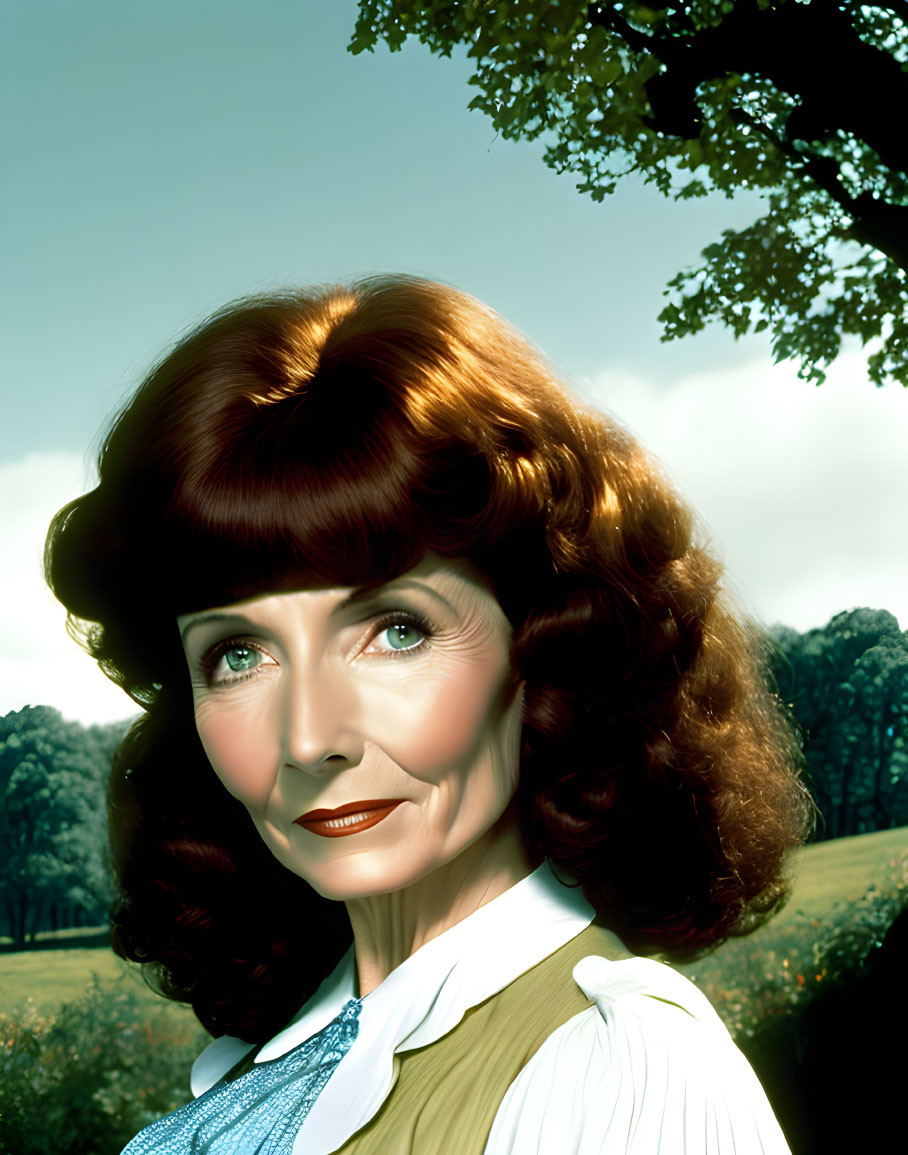 Portrait of woman with auburn hair in blue and white outfit against nature backdrop