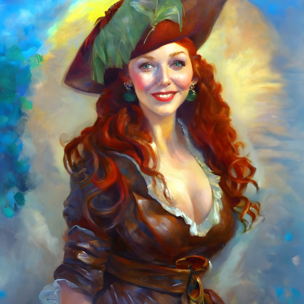 Red-haired woman in pirate costume with tricorne hat and feather on blurred blue background