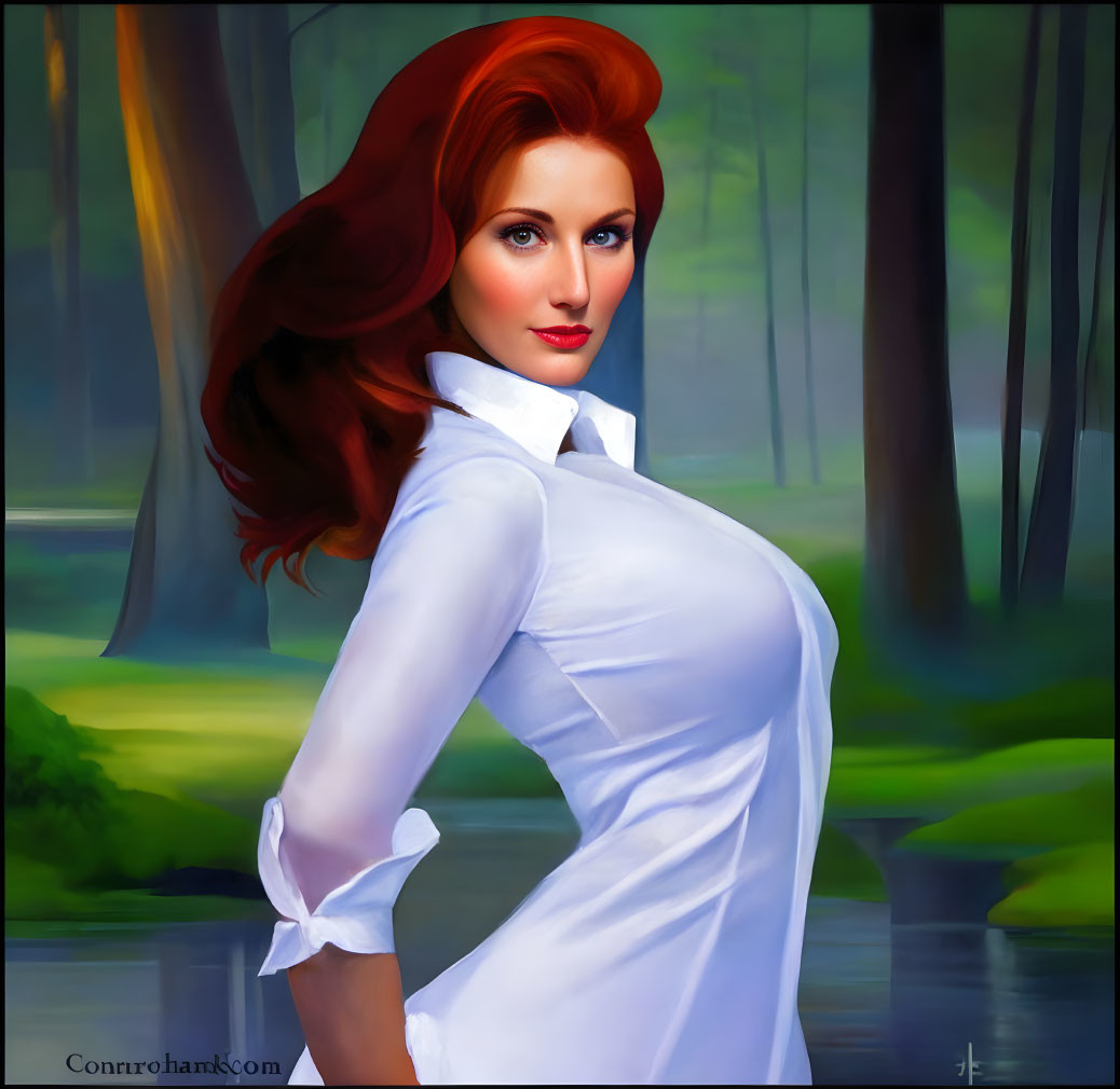 Vibrant red-haired woman in white blouse poses in forest