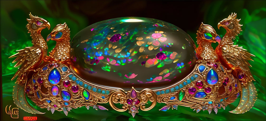 Golden Phoenixes Adorn Iridescent Gemstone with Colorful Sparkles