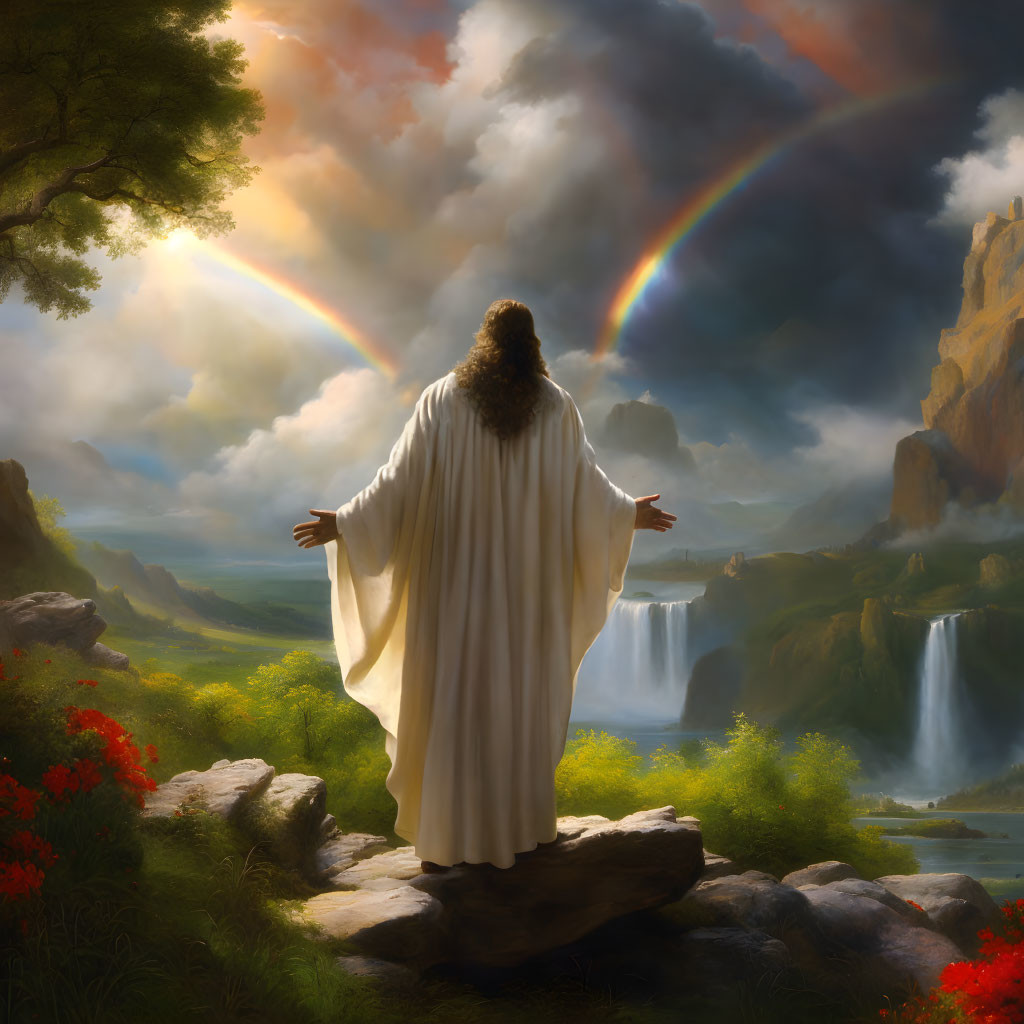 Robed Figure in Lush Landscape with Waterfalls and Double Rainbow