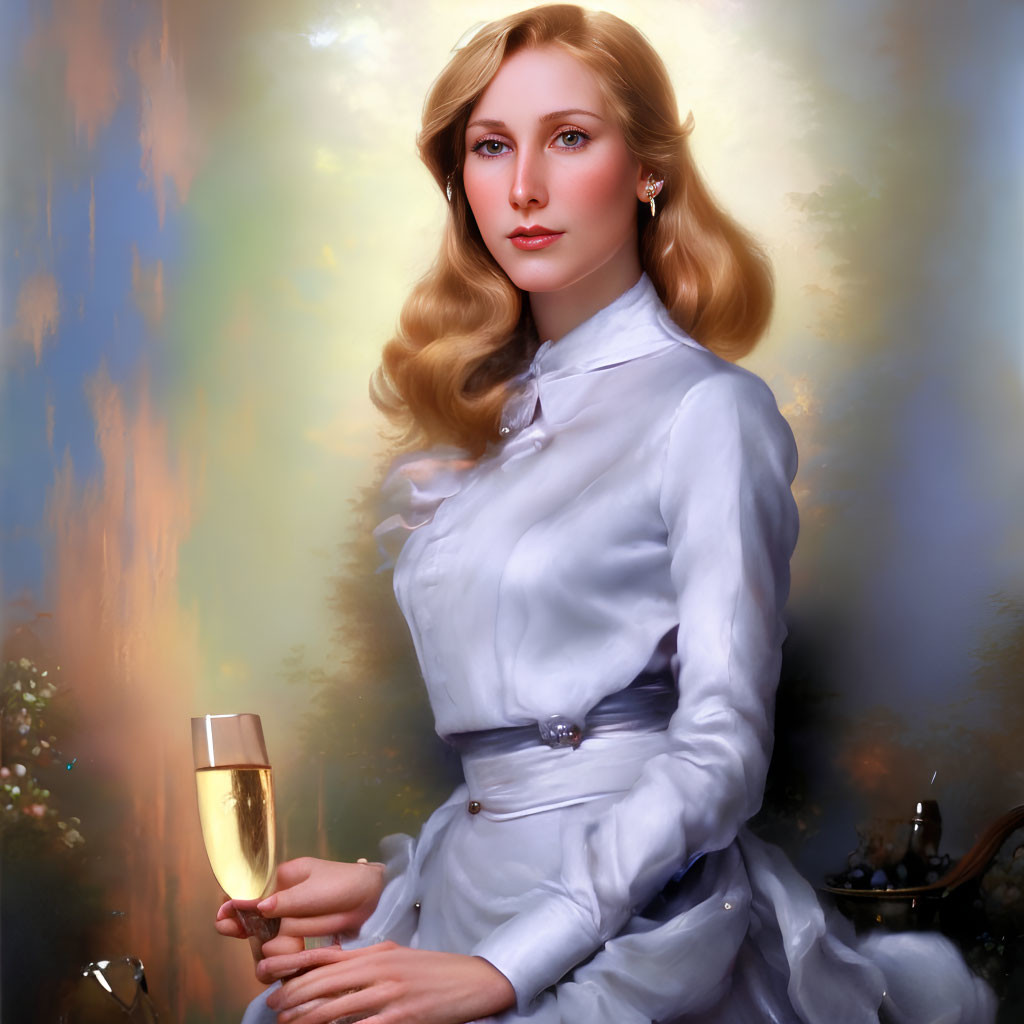 Blonde woman in blue dress with champagne flute against elegant backdrop