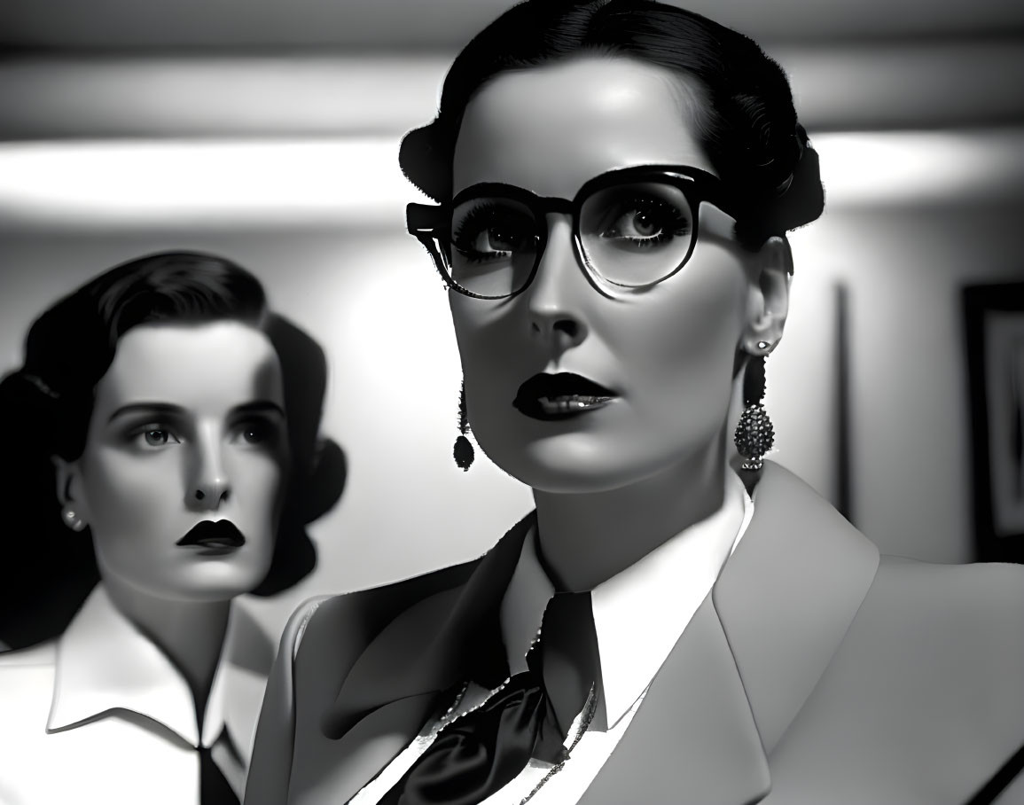 Vintage-styled women in elegant attire and glasses, one sharp and one blurred