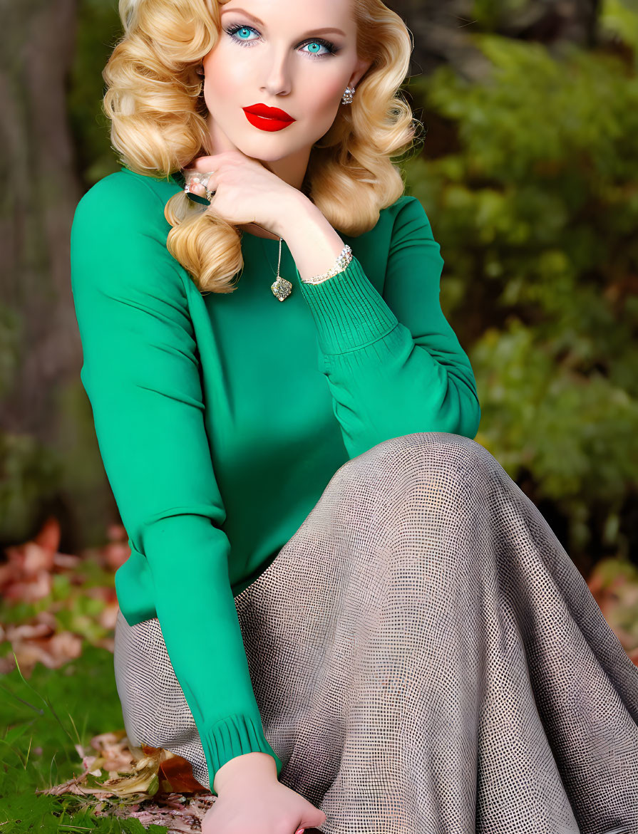 Blonde woman in green outfit with red lipstick against autumn backdrop