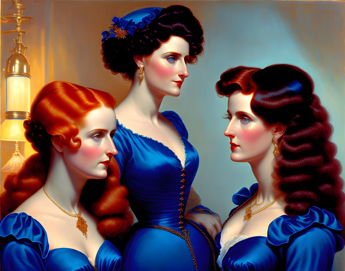 Illustrative Hyper-Realistic Art: Three Women in Blue Victorian Dresses