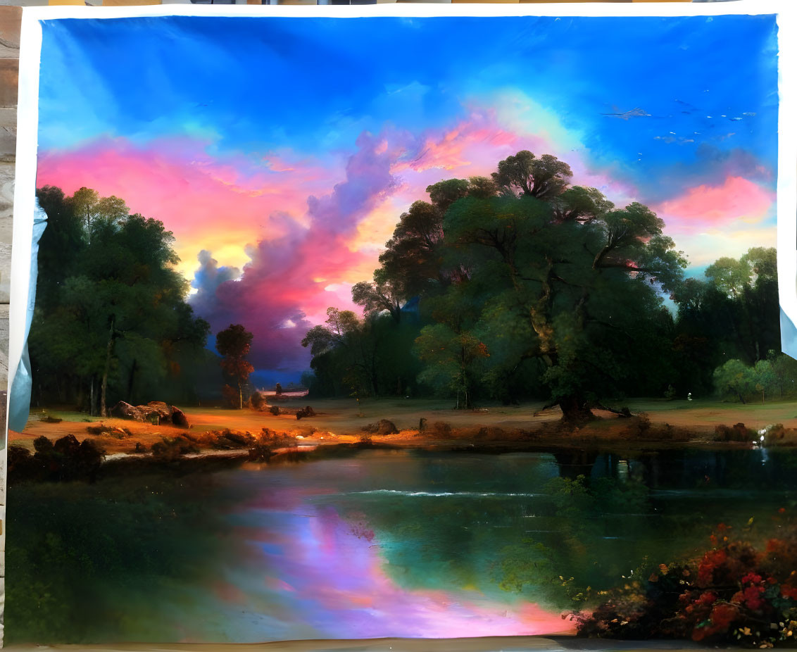 Scenic sunset with pink and blue clouds over calm river and lush green trees