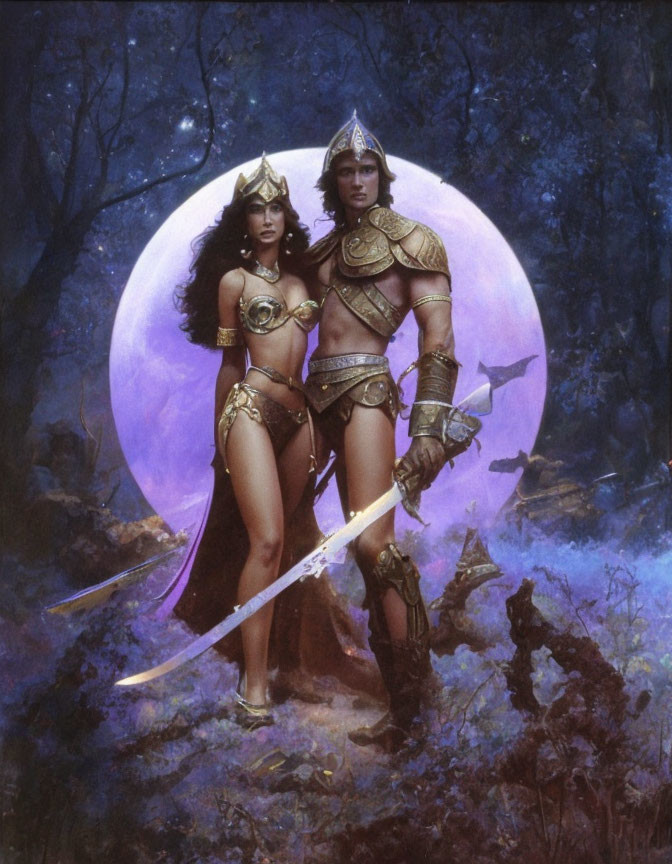 Fantasy warriors in ornate armor in mystical forest with large moon.