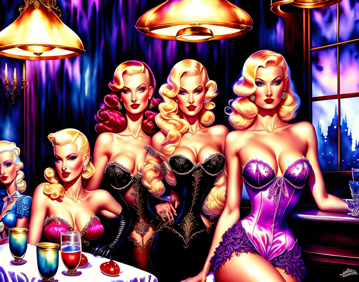 Four stylized women in retro attire in a luxurious bar setting