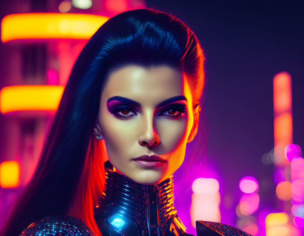 Woman with Striking Makeup in Neon-Lit Cityscape