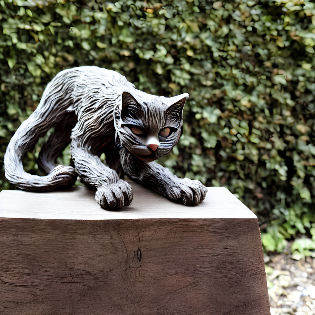 Realistic Grey Striped Cat Sculpture on Wooden Pedestal with Green Hedge Background