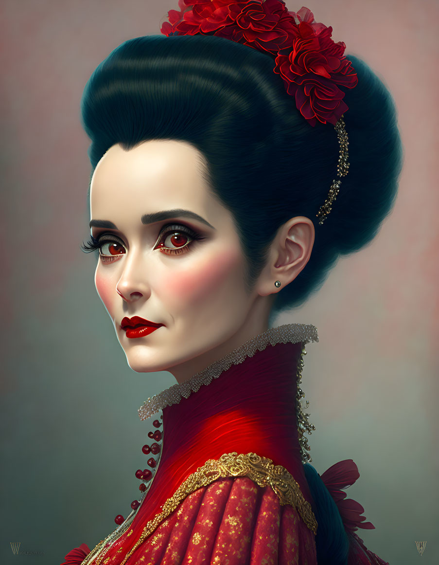 Illustrated portrait of woman in red vintage dress with high updo and flowers