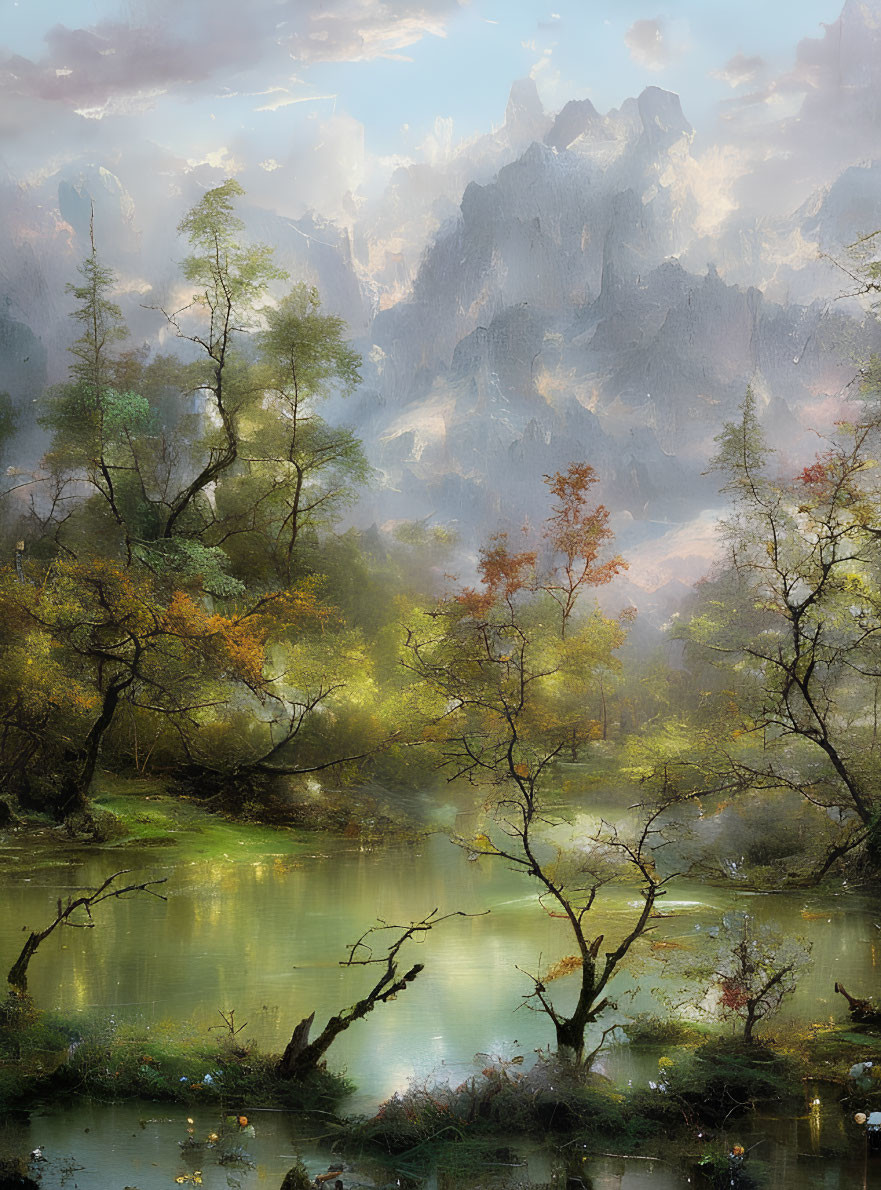 Tranquil river landscape with vibrant trees and misty mountains