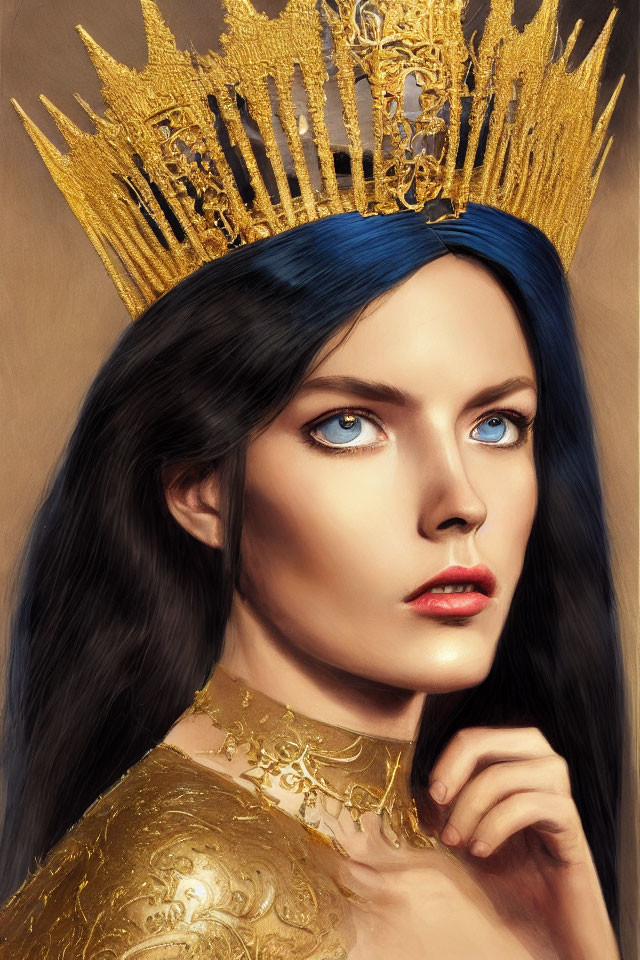 Detailed digital portrait of a woman with striking blue eyes and gold crown