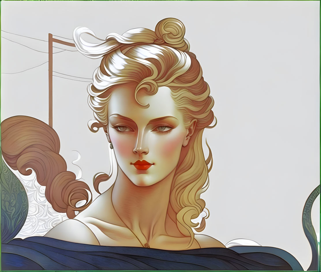 Stylized woman with classical-modern fusion on neutral backdrop