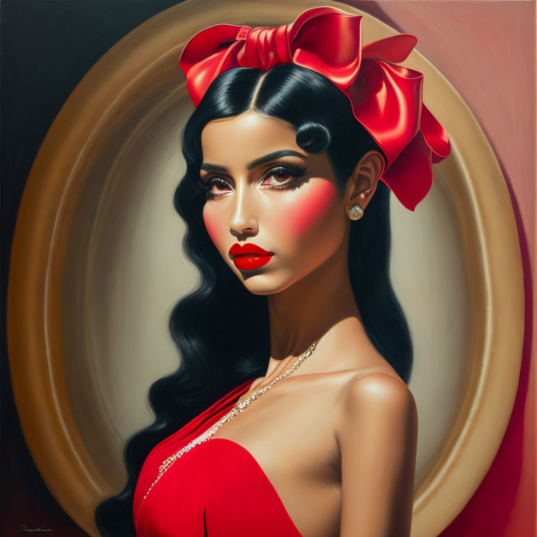 Stylized portrait of woman with red bow, pearls, and circular background