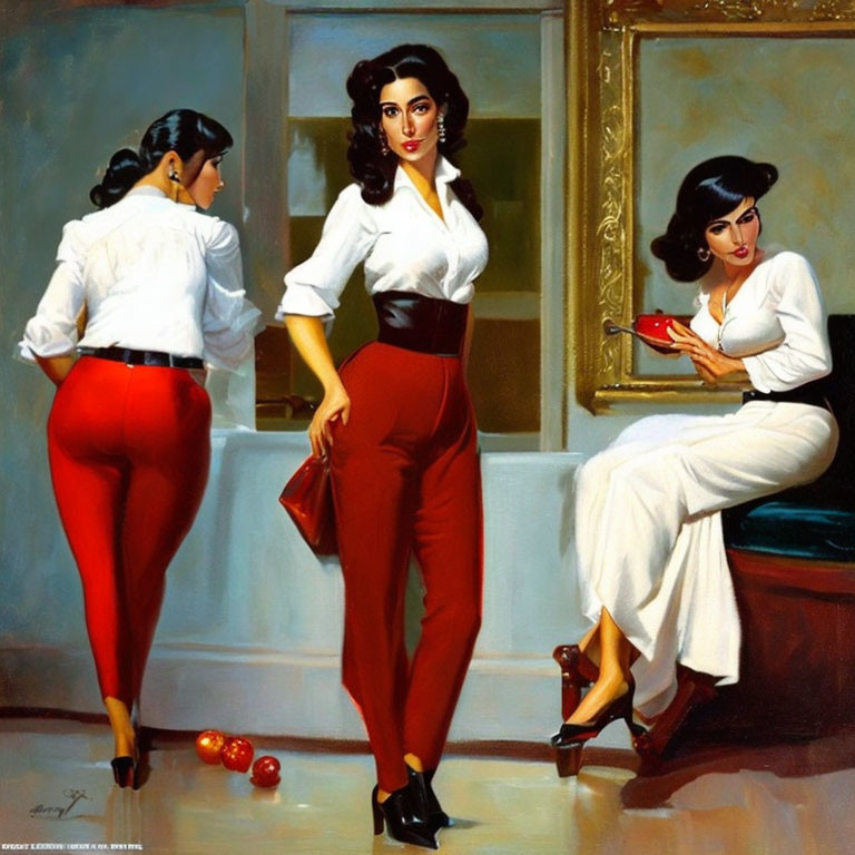 Stylized women in white blouses and red pants in various poses