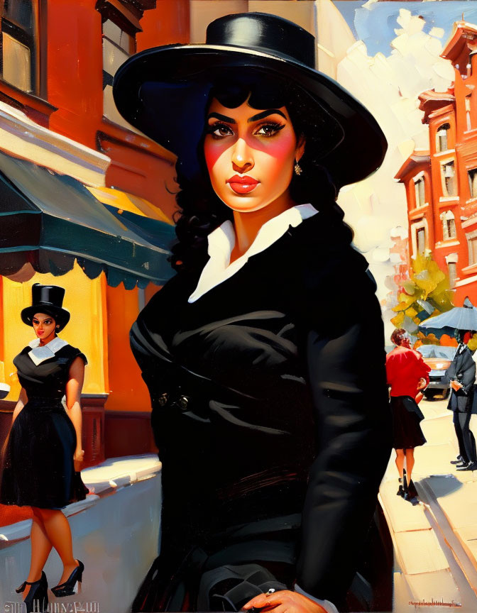 Stylized illustration of woman in black dress and hat with intense gaze on city street background