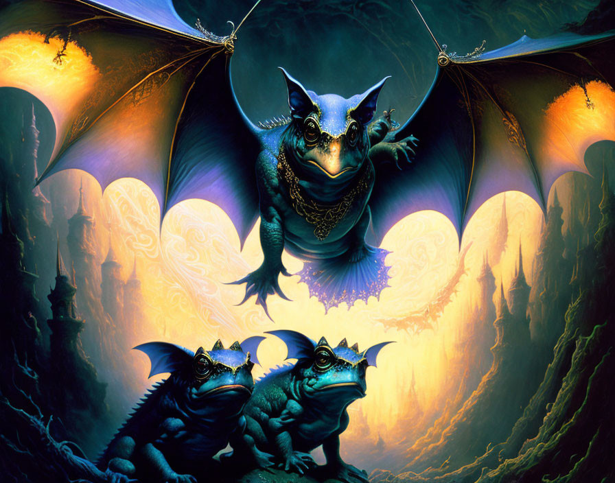 Three blue bat-like creatures with horns and wings on a golden ornate backdrop