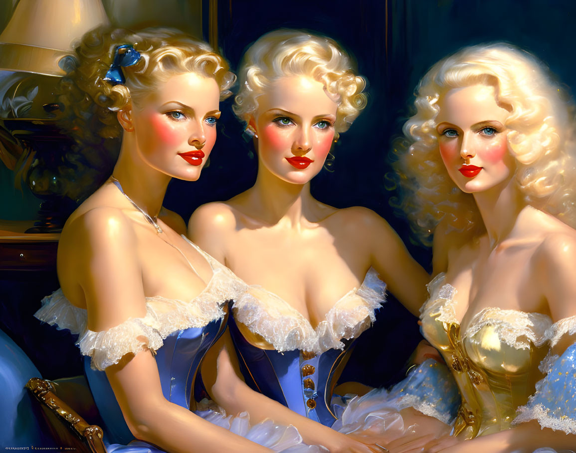 Illustrated Women in Vintage Hairstyles and Blue Corset Dresses