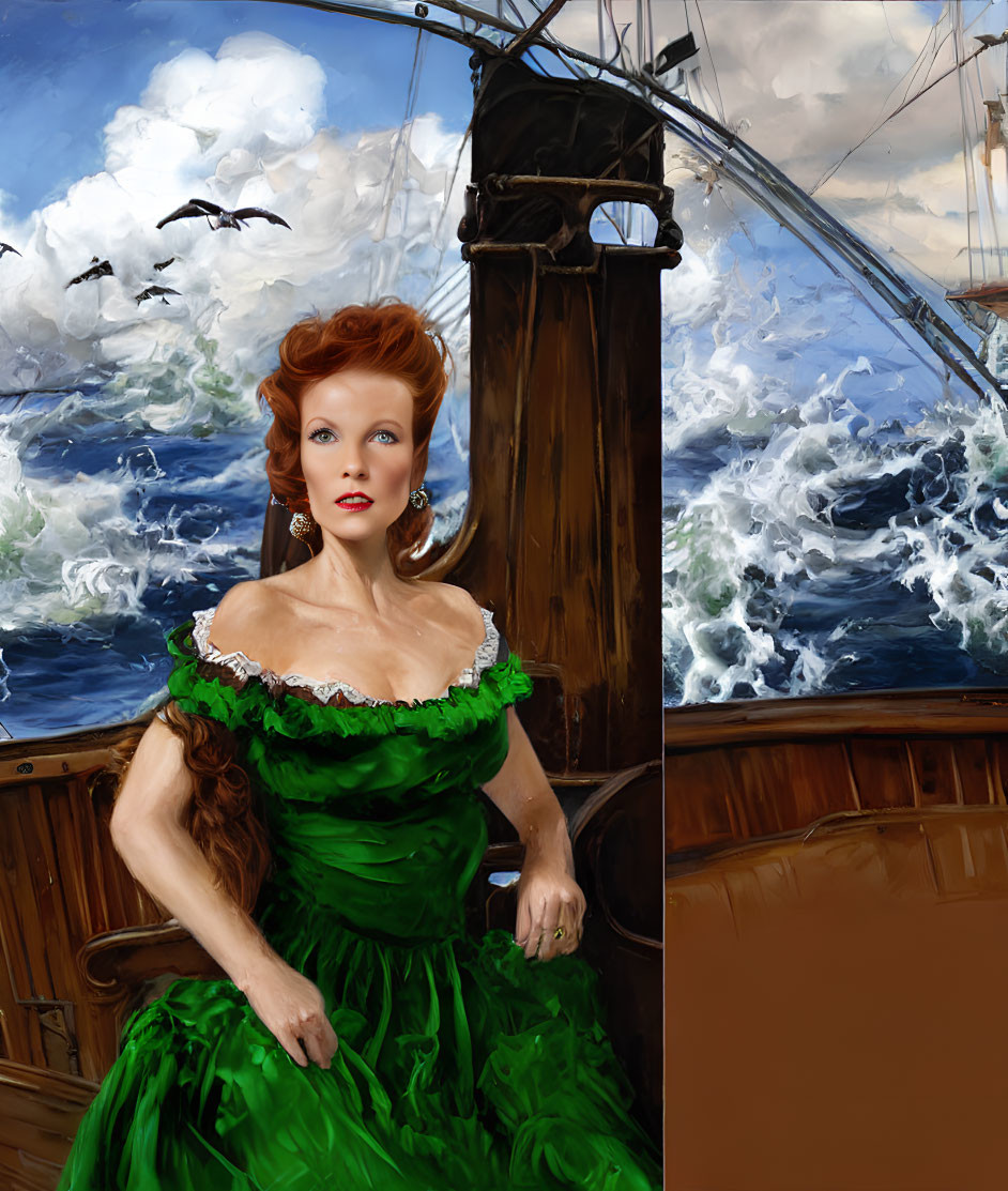 Woman in vibrant green dress on ship with choppy seas and seagulls.