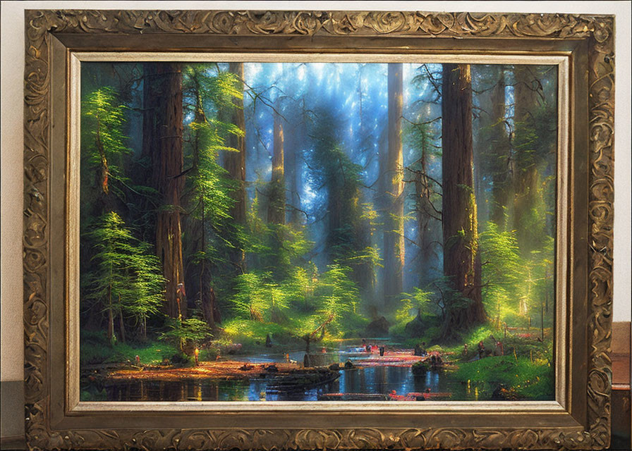 Ornate frame surrounds misty forest painting