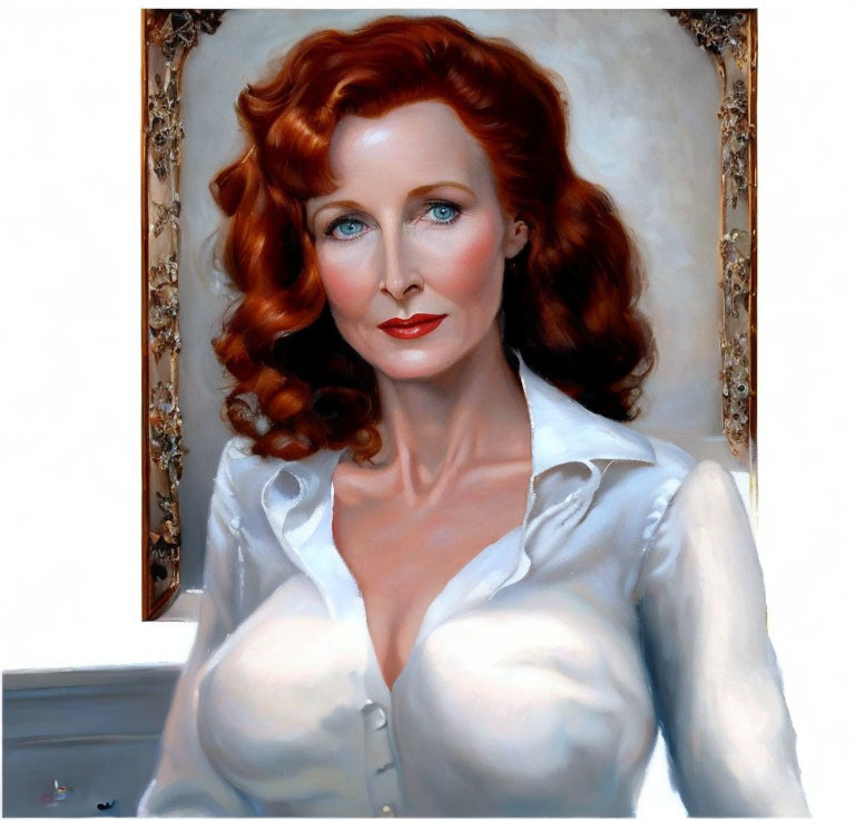 Realistic portrait of red-haired woman in white blouse on light background