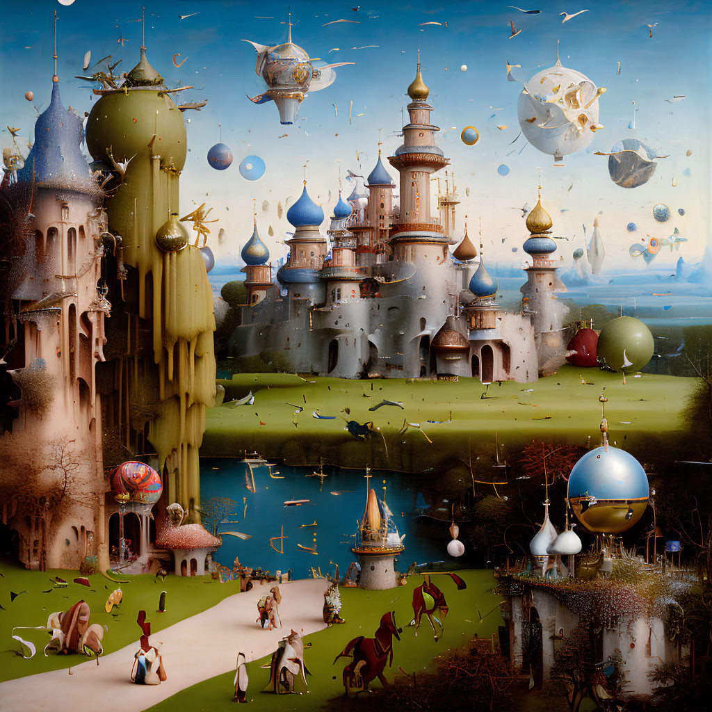 Fantasy Landscape with Castles, Orbs, and Creatures