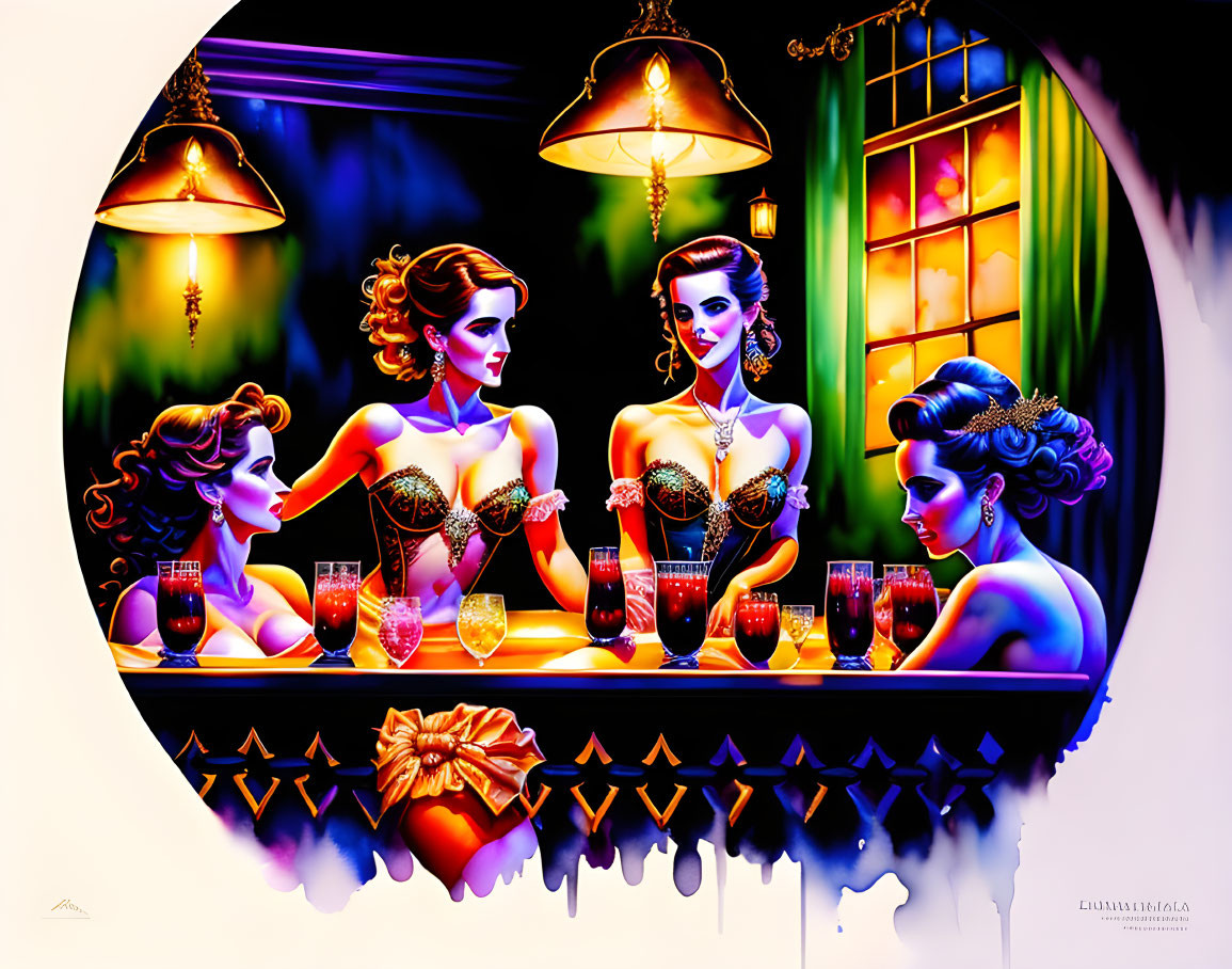Four women with 1940s hairstyles at a bar with colorful drinks under yellow pendant lights near a