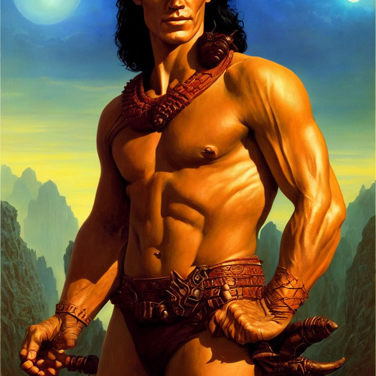 Muscular warrior with sword in loincloth and gauntlets in fantasy landscape.