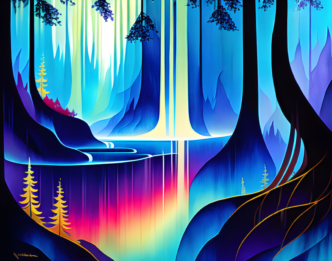 Colorful Mystic Forest Digital Artwork with Rainbow Hues