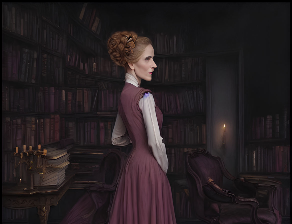 Woman in vintage purple gown in dark library with lit candle