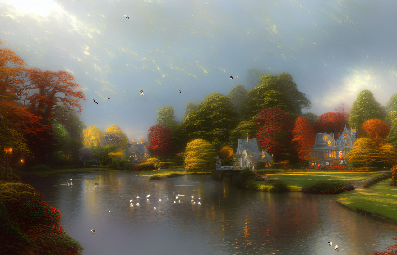 Tranquil autumn landscape with colorful trees, serene lake, stone house, and birds in dreamlike