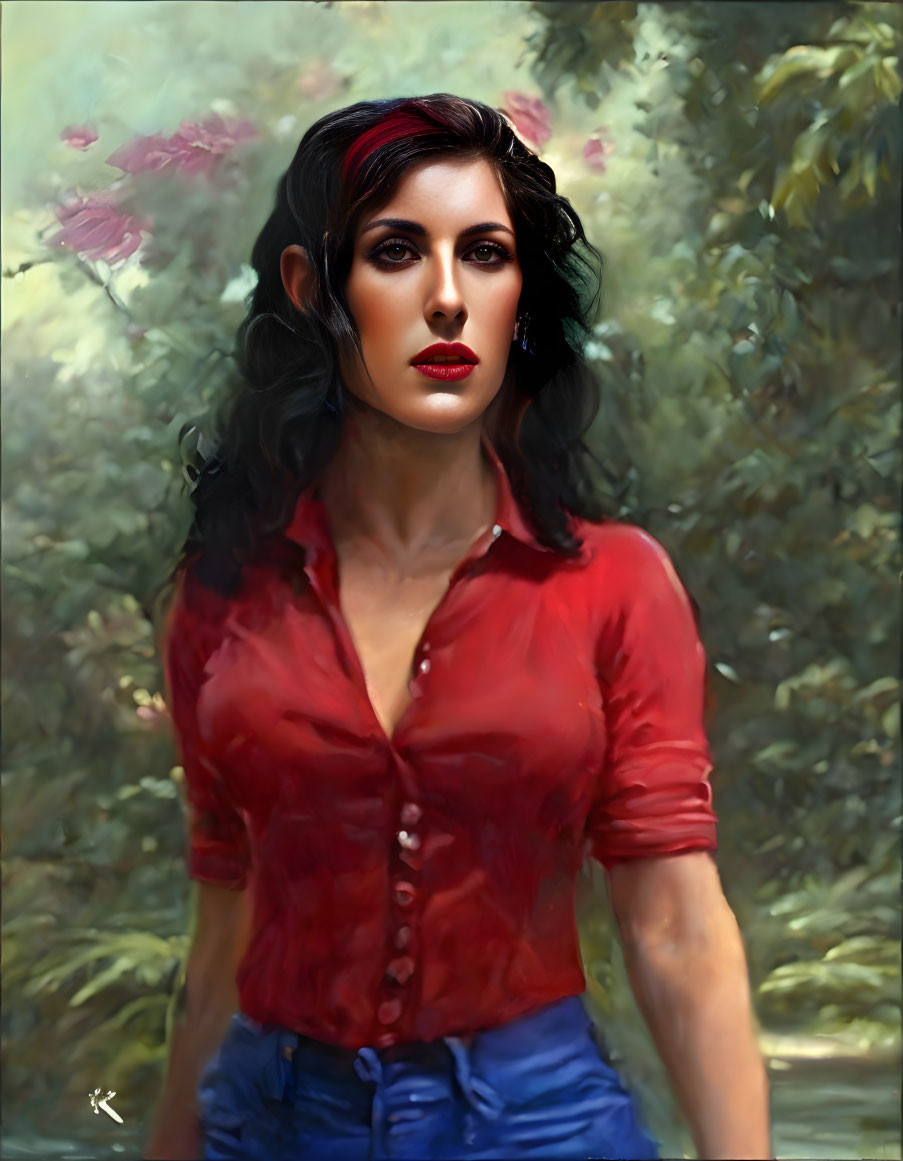 Dark-haired woman in red blouse against blurred garden backdrop