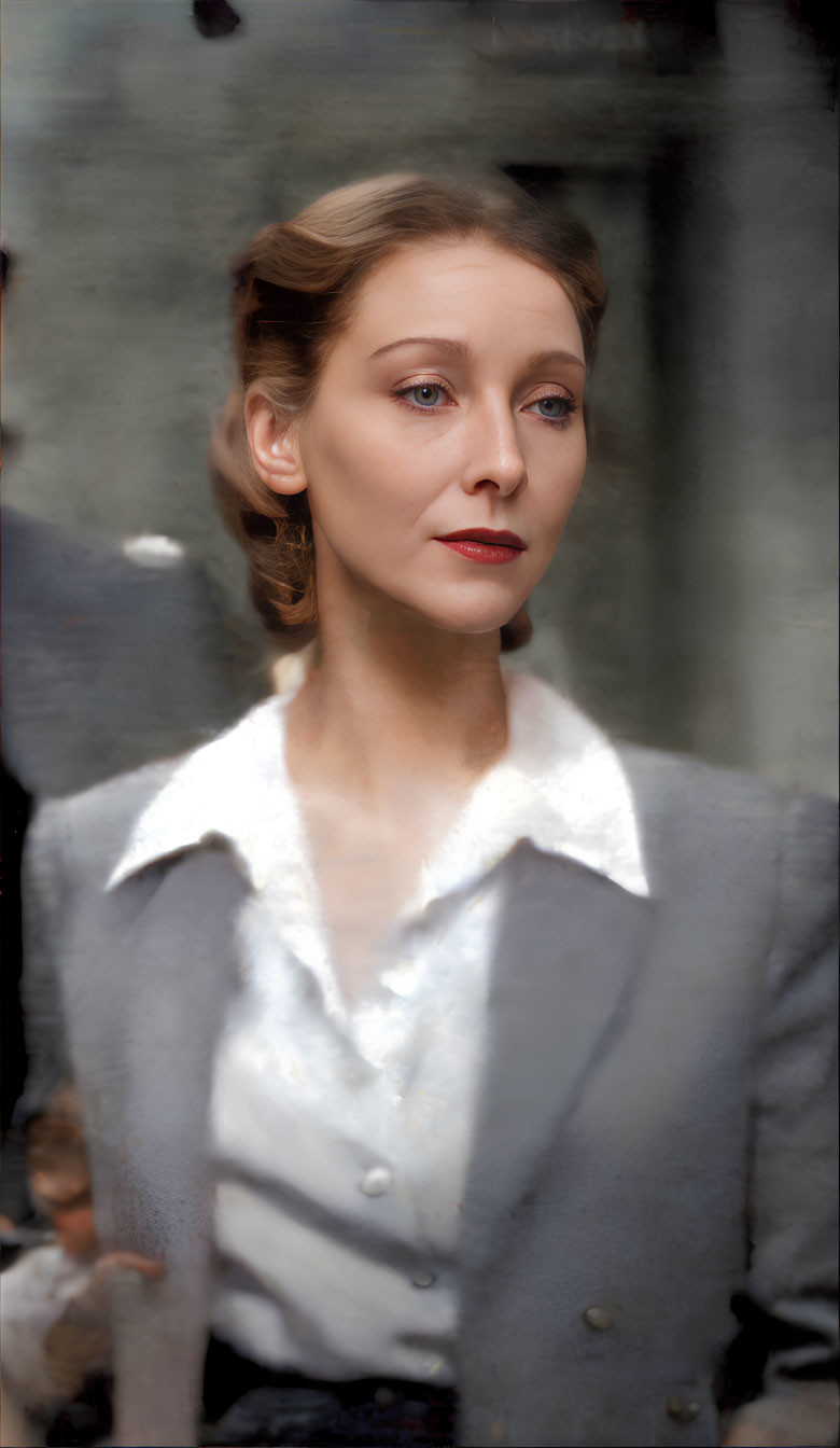 Vintage-style portrait of a woman with classic hairstyle and white collar blouse