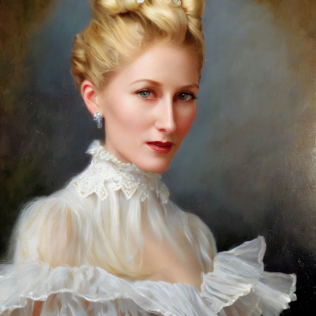 Blonde woman in updo with white lace dress & pearl earrings