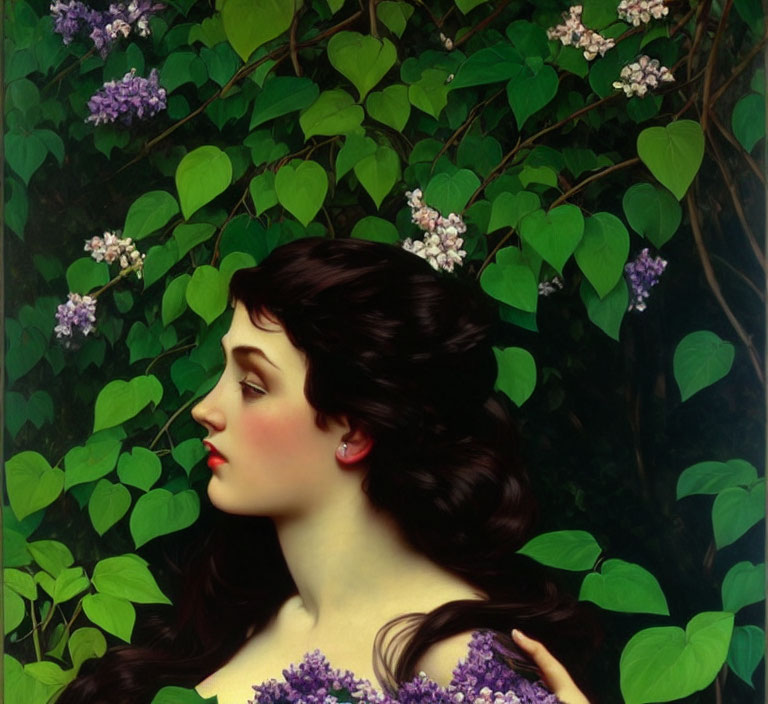 Profile of a woman with dark hair among green leaves and purple flowers