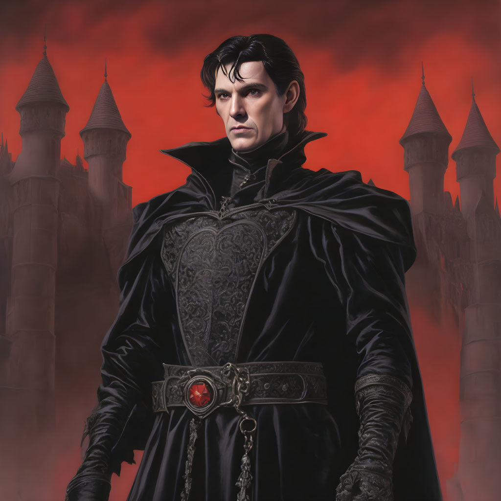 Medieval vampire in black costume before castle under red sky