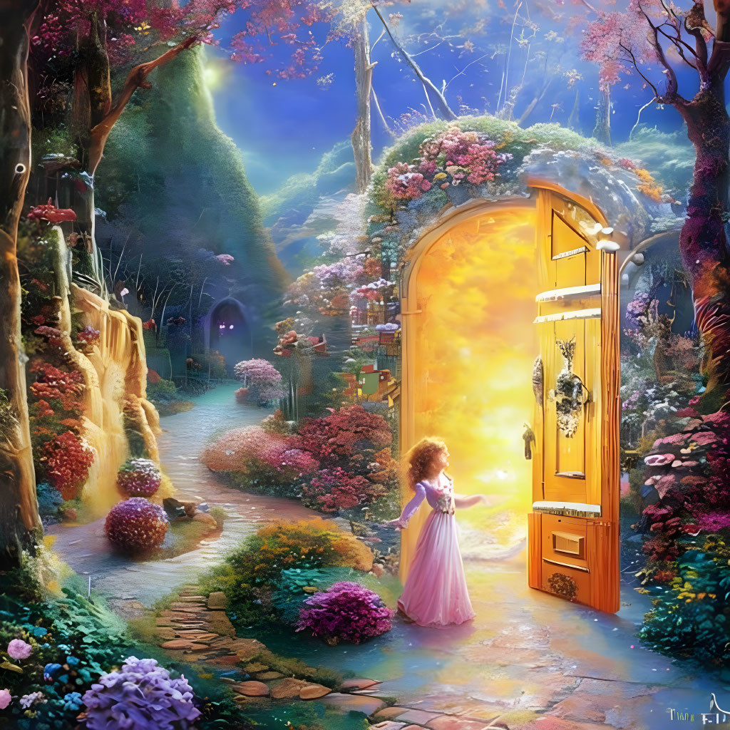 Enchanted garden path with glowing door and magical forest landscape