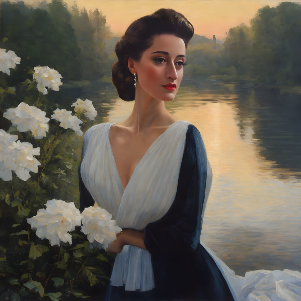 Classic Hairstyle Woman Poses by White Roses at Sunset