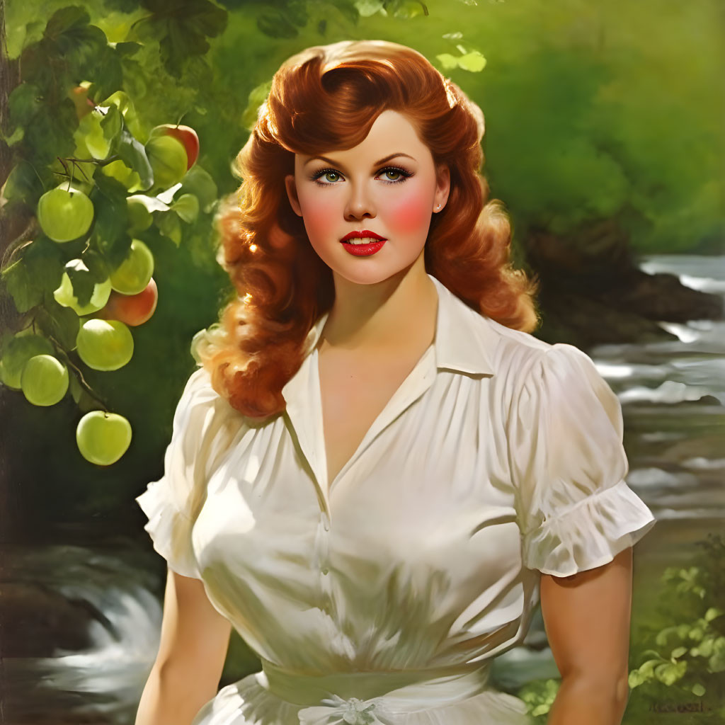 Vintage-Style Portrait of Woman with Auburn Hair and Red Lipstick